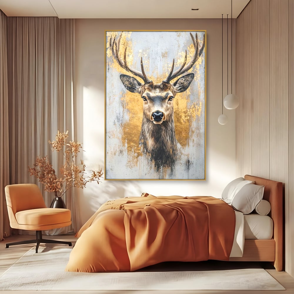 Tablou canvas cu tablou canvas cu cerb si accente aurii, in rama de aluminiu auriu, pe perete intr-un dormitor